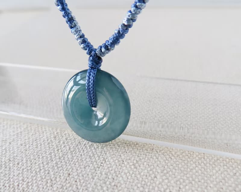 本命年【歲歲平安】冰藍水雪花棉平安扣翡翠絲光編織項鍊SA57招財