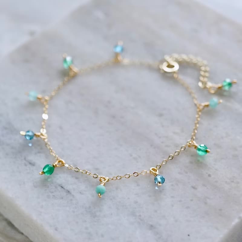 ITS-B118【14KGF手鍊・寶石・托帕/綠瑪瑙/天河石】細緻手鍊1條。