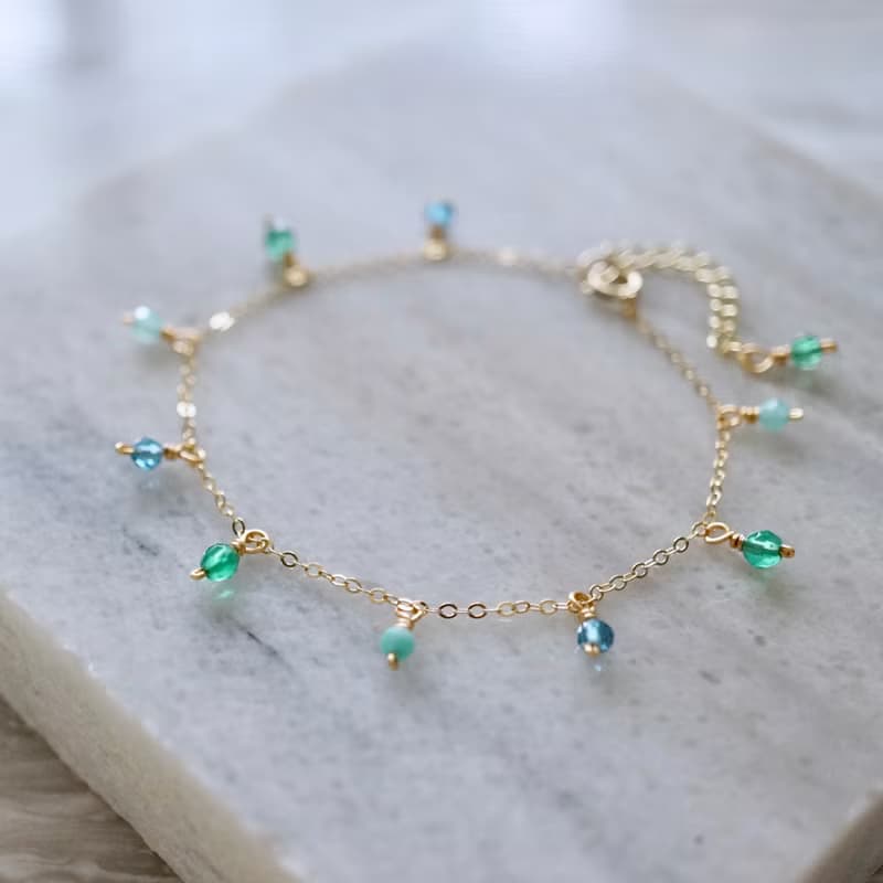 ITS-B118【14KGF手鍊・寶石・托帕/綠瑪瑙/天河石】細緻手鍊1條。