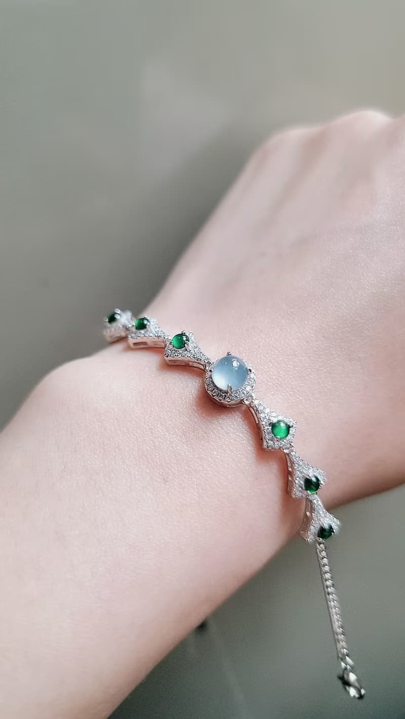 |財富女神|A貨翡翠冰玻淡藍膠飽滿蛋面5.7mm純銀鍍18k設計款手鏈