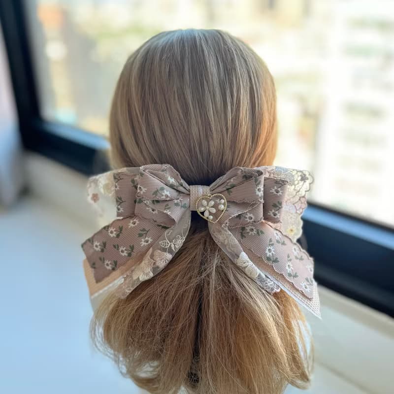 彈夾-獨家花邊蕾絲蝴蝶結髮夾-可可色