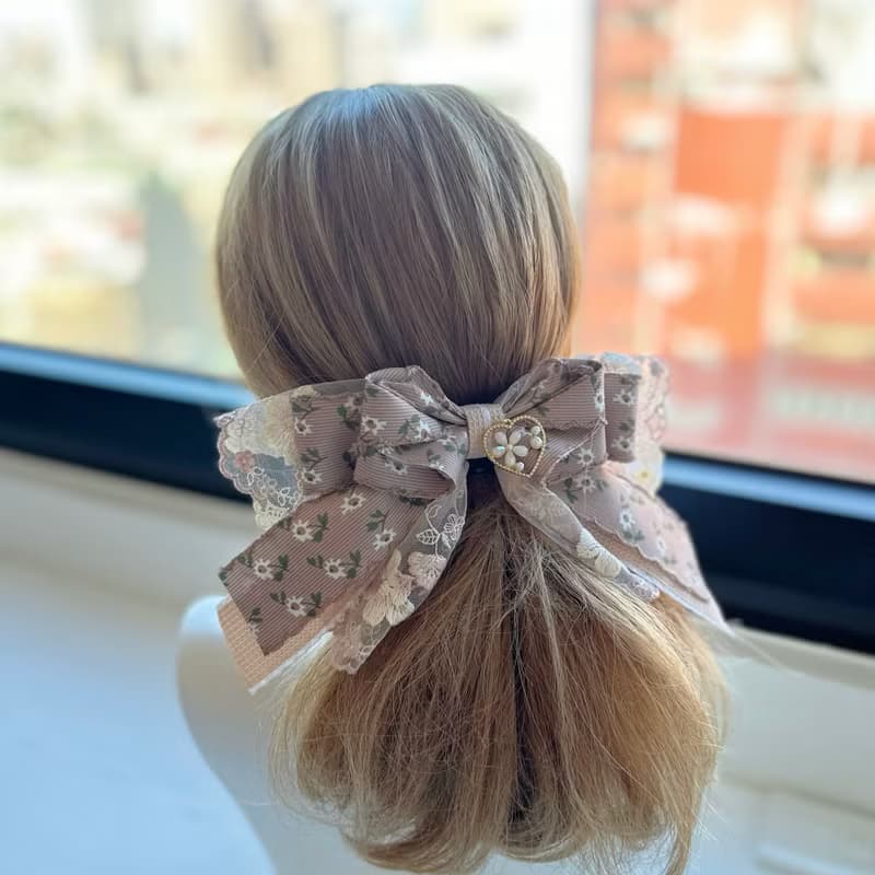 彈夾-獨家花邊蕾絲蝴蝶結髮夾-可可色