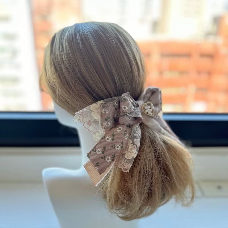 彈夾-獨家花邊蕾絲蝴蝶結髮夾-可可色