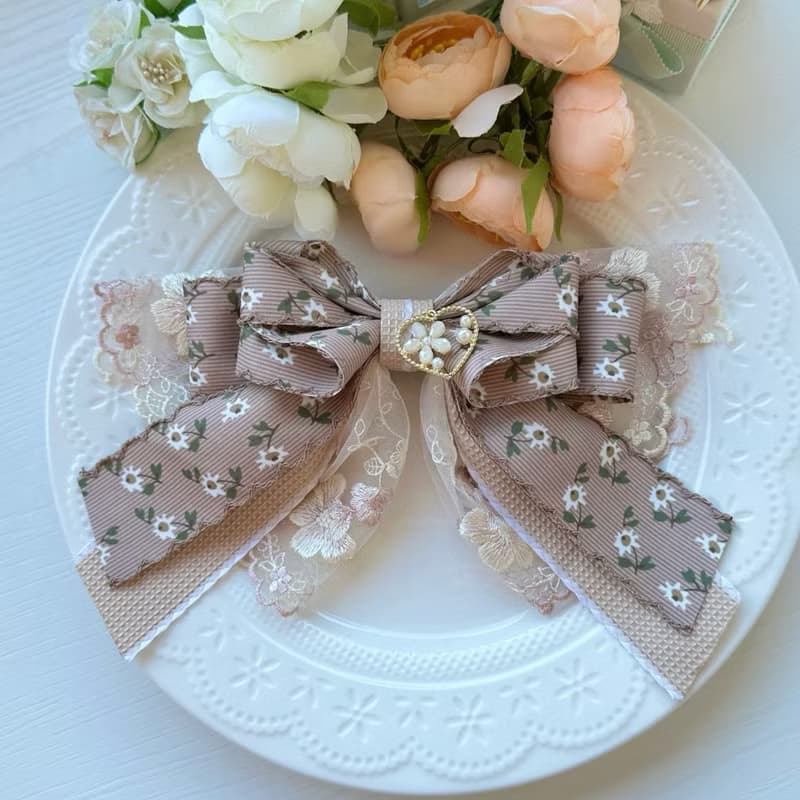 彈夾-獨家花邊蕾絲蝴蝶結髮夾-可可色