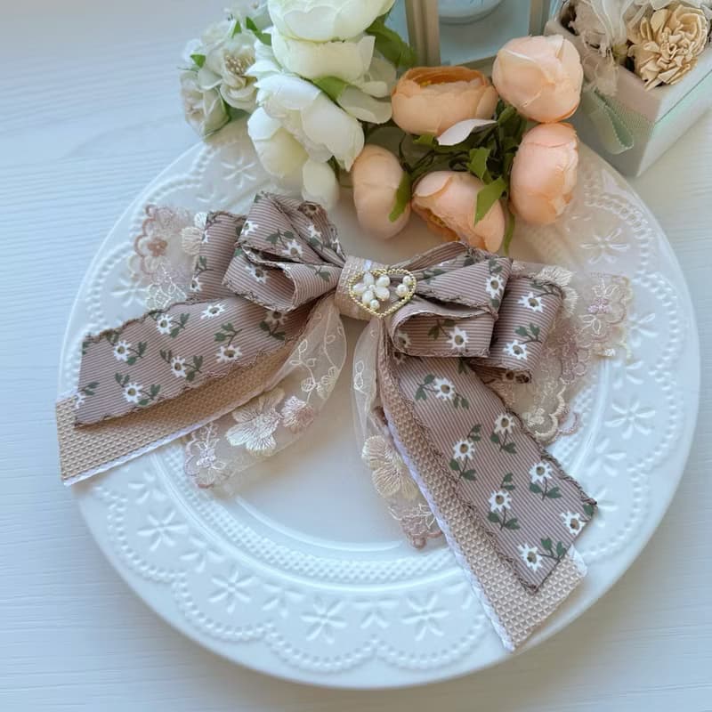 彈夾-獨家花邊蕾絲蝴蝶結髮夾-可可色