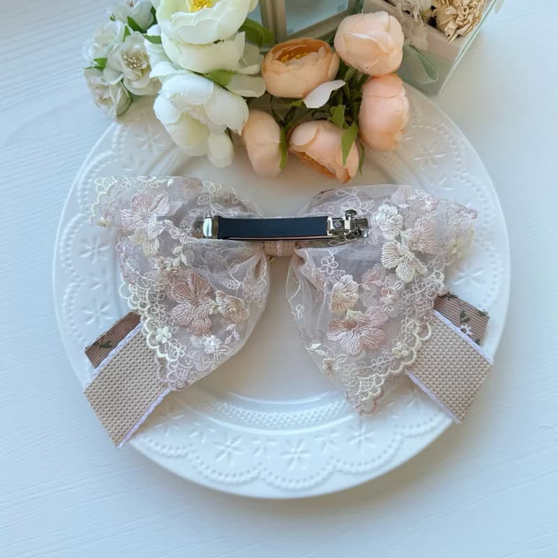 彈夾-獨家花邊蕾絲蝴蝶結髮夾-可可色