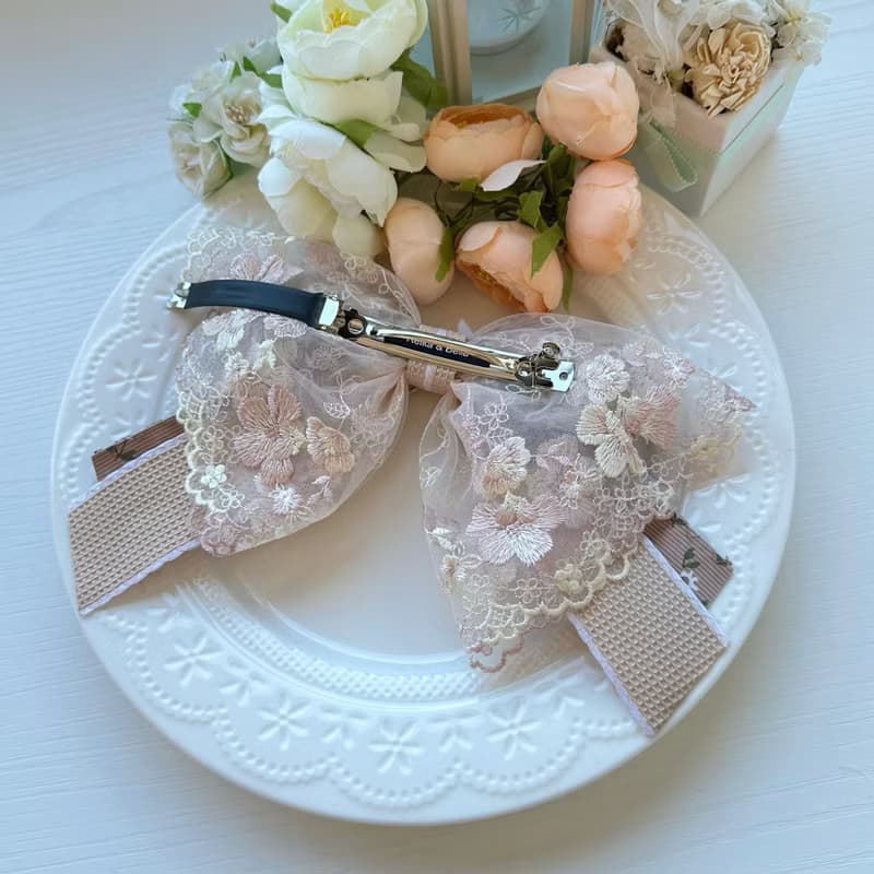 彈夾-獨家花邊蕾絲蝴蝶結髮夾-可可色