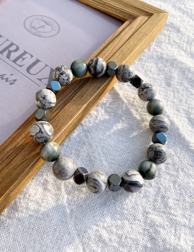 地圖石\鷹眼石\黑膽石 手作設計款能量水晶手鍊