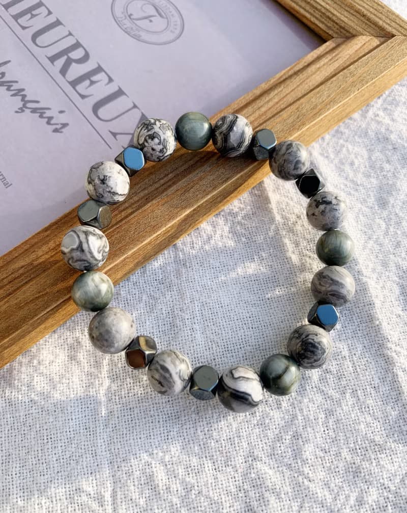 地圖石\鷹眼石\黑膽石 手作設計款能量水晶手鍊