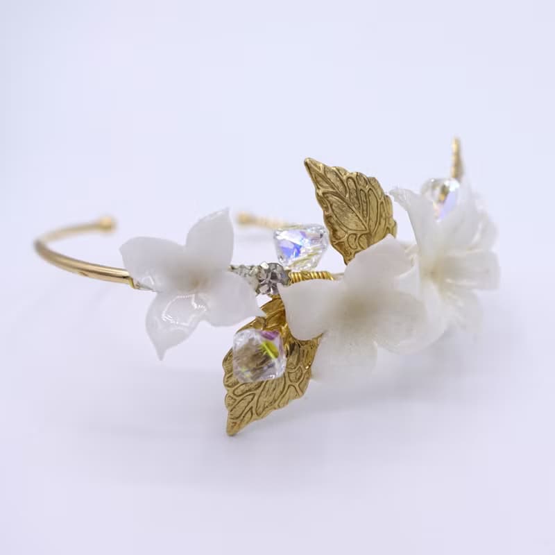 Pamycarie婚禮白花束花鍍金銅手鐲