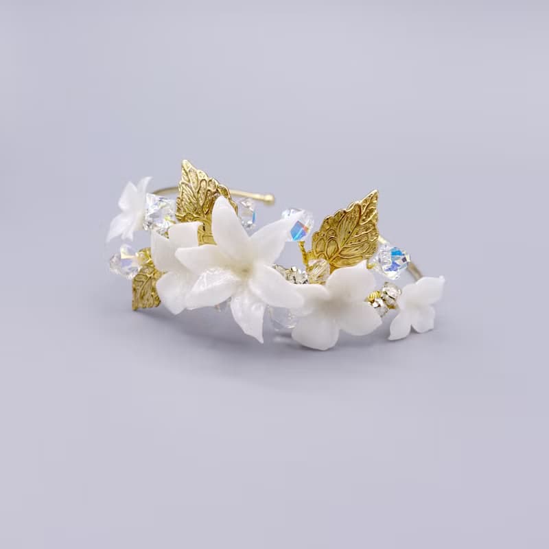Pamycarie婚禮白花束花鍍金銅手鐲