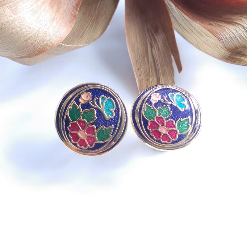【西洋古董飾品 】景泰藍 紫色底 蝶花 小蝴蝶 花卉 針式耳環