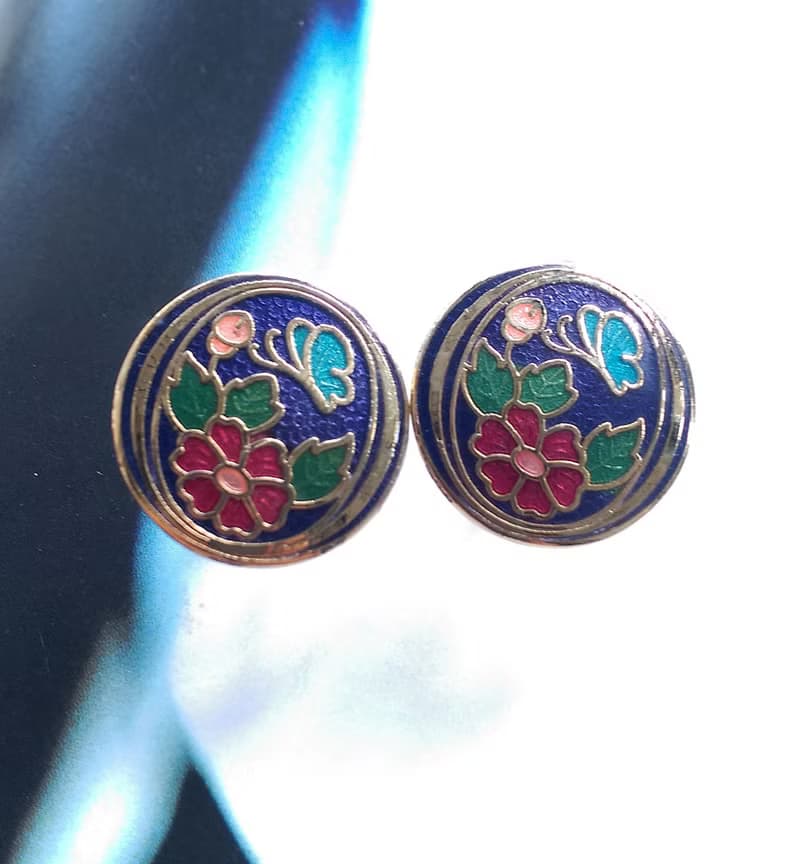 【西洋古董飾品 】景泰藍 紫色底 蝶花 小蝴蝶 花卉 針式耳環