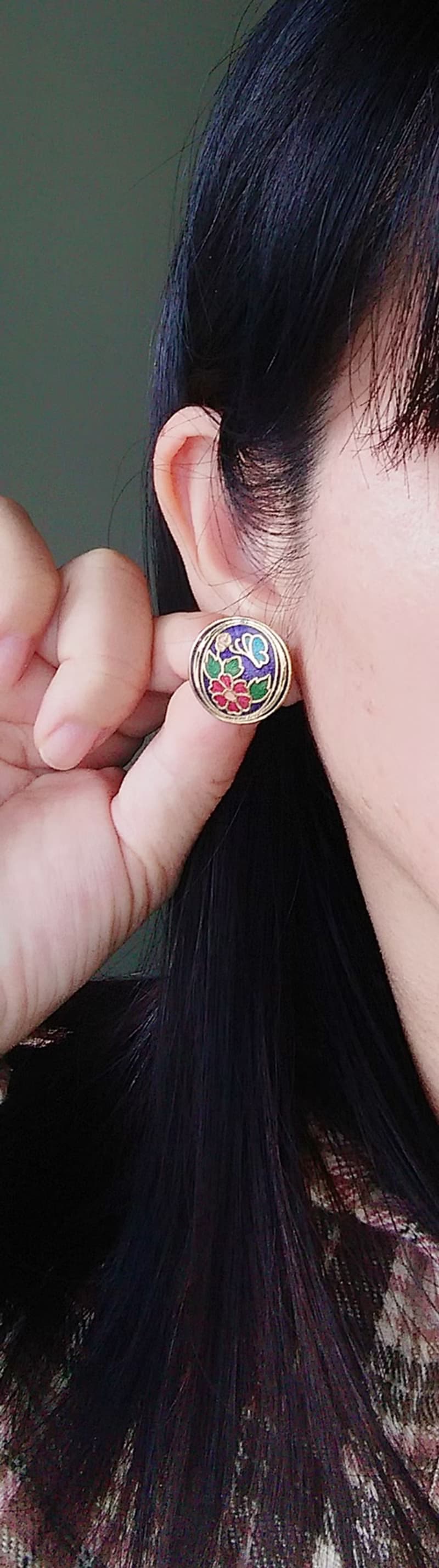 【西洋古董飾品 】景泰藍 紫色底 蝶花 小蝴蝶 花卉 針式耳環