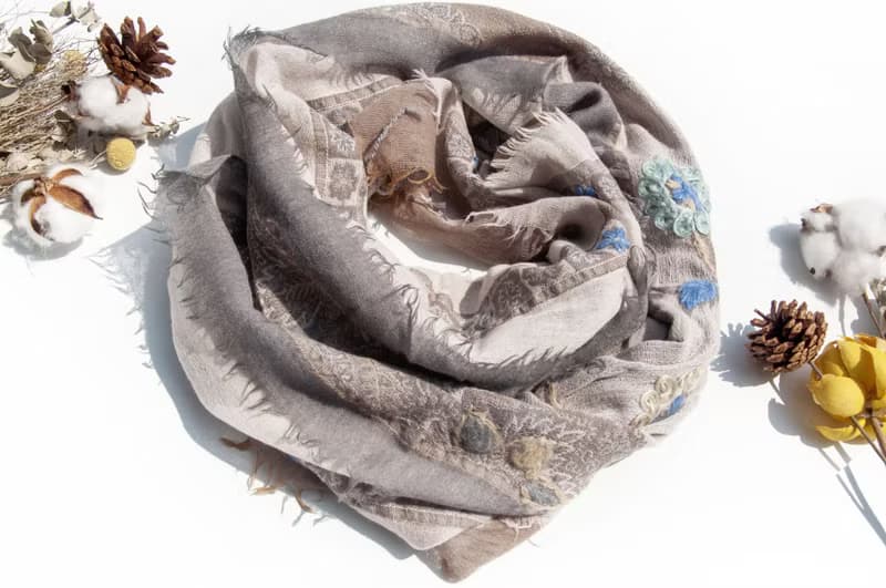 喀什米爾Cashmere/水煮羊毛披肩/針織圍巾/刺繡圍巾/羊絨披巾-花