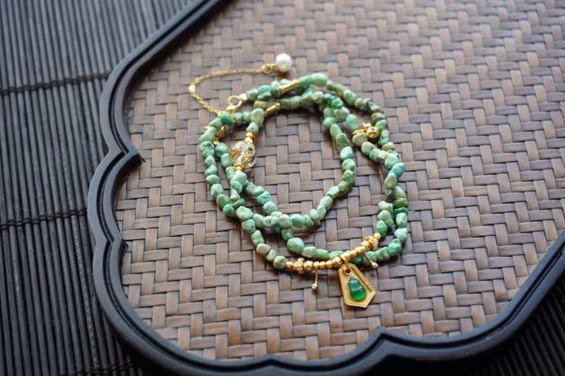 天然原礦隨型綠松石項鏈搭配銀鑲翡翠葫蘆吊墜項鏈 氣質輕奢項鏈