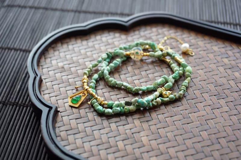 天然原礦隨型綠松石項鏈搭配銀鑲翡翠葫蘆吊墜項鏈 氣質輕奢項鏈