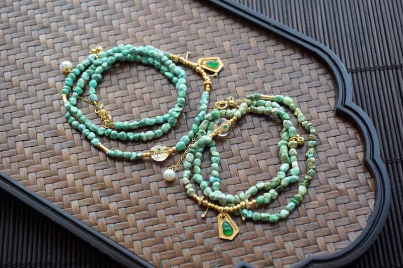 天然原礦隨型綠松石項鏈搭配銀鑲翡翠葫蘆吊墜項鏈 氣質輕奢項鏈