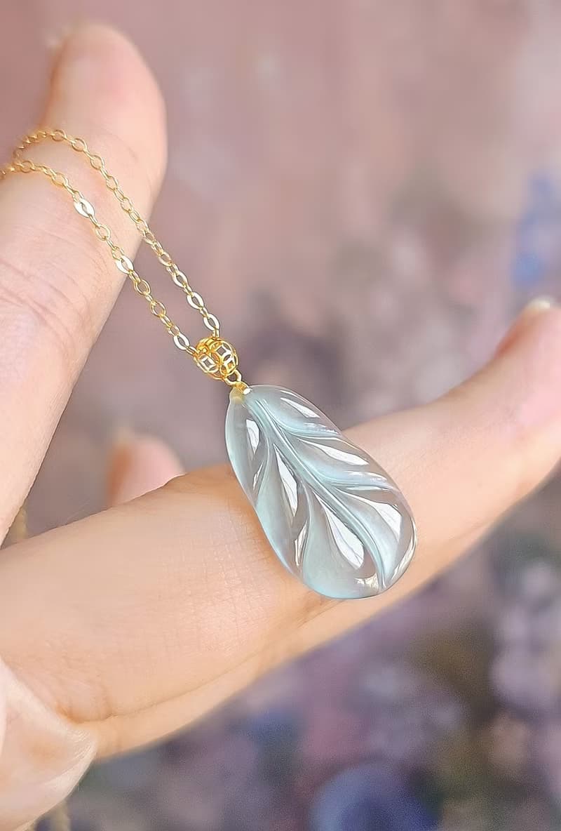 一夜暴富|純18k金仙氣高冰玻藍剛葉子|A貨翡翠藍翡吊墜項鍊