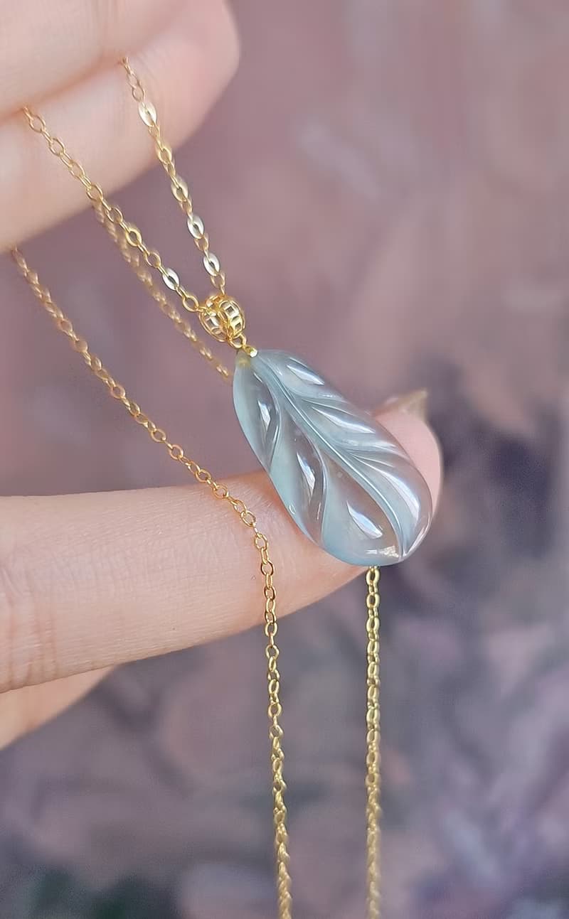一夜暴富|純18k金仙氣高冰玻藍剛葉子|A貨翡翠藍翡吊墜項鍊