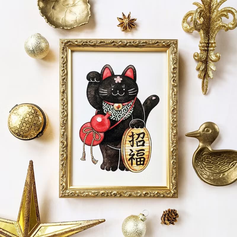 2L 黒招き猫 アートプリント/イラスト複製画