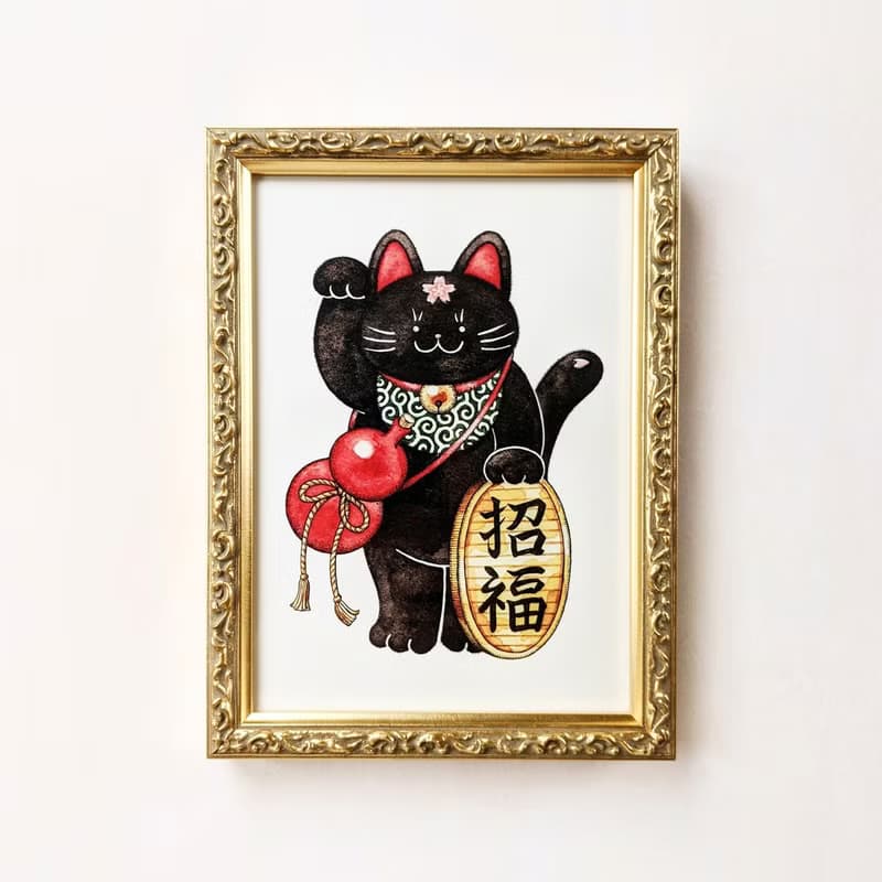 2L 黒招き猫 アートプリント/イラスト複製画