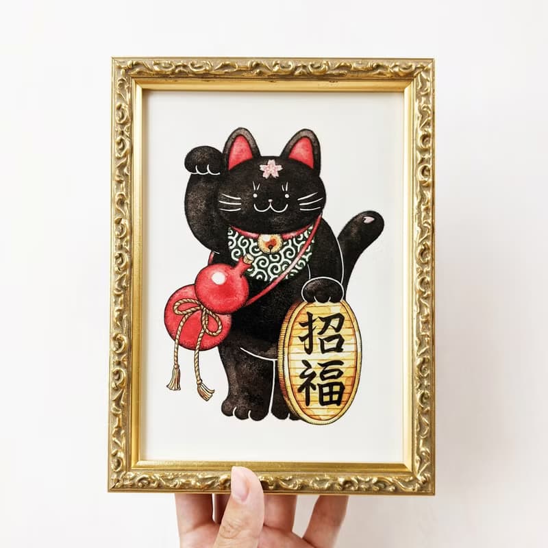 2L 黒招き猫 アートプリント/イラスト複製画