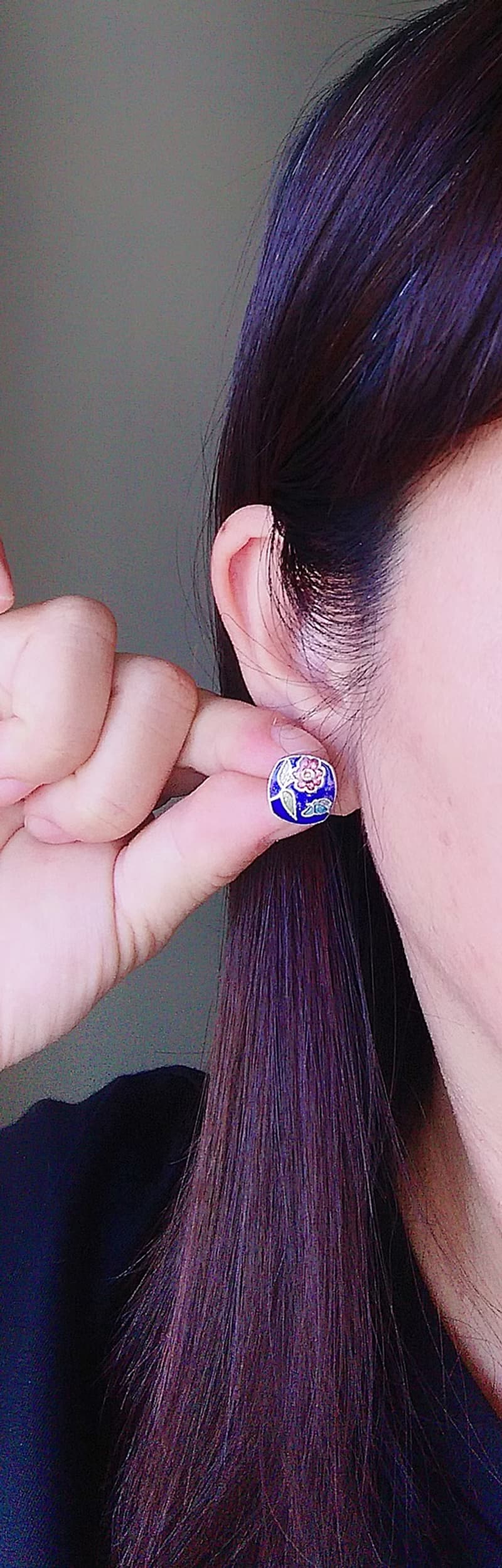 【西洋古董飾品 】早期台灣製 景泰藍-小巧 藍底 小花卉 針式耳環