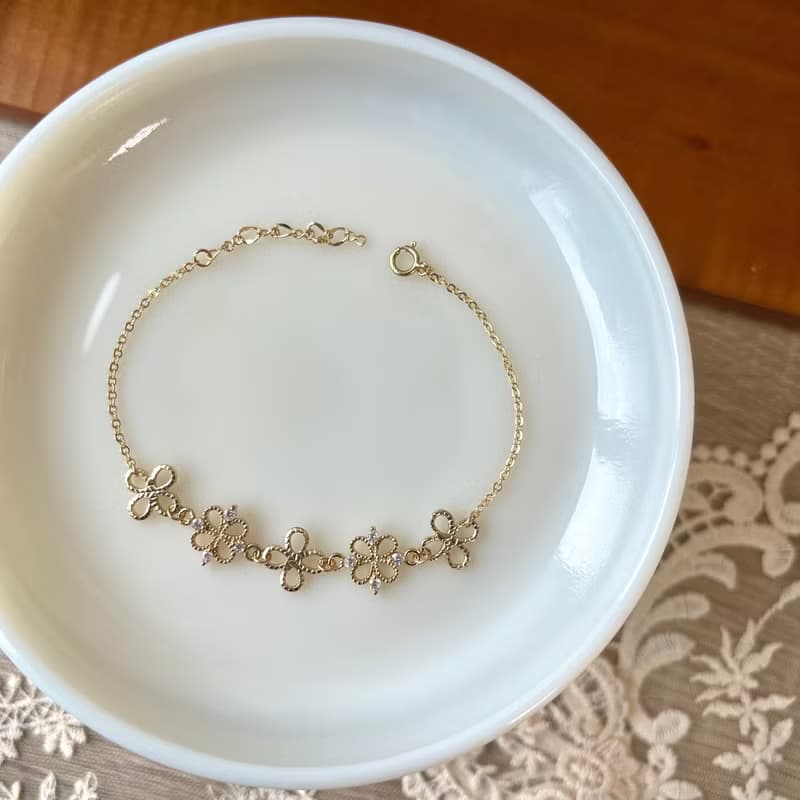 14k包金 四葉幸運草鋯石手鍊 手鏈 14kgf