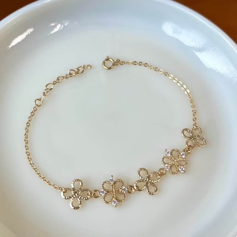 14k包金 四葉幸運草鋯石手鍊 手鏈 14kgf