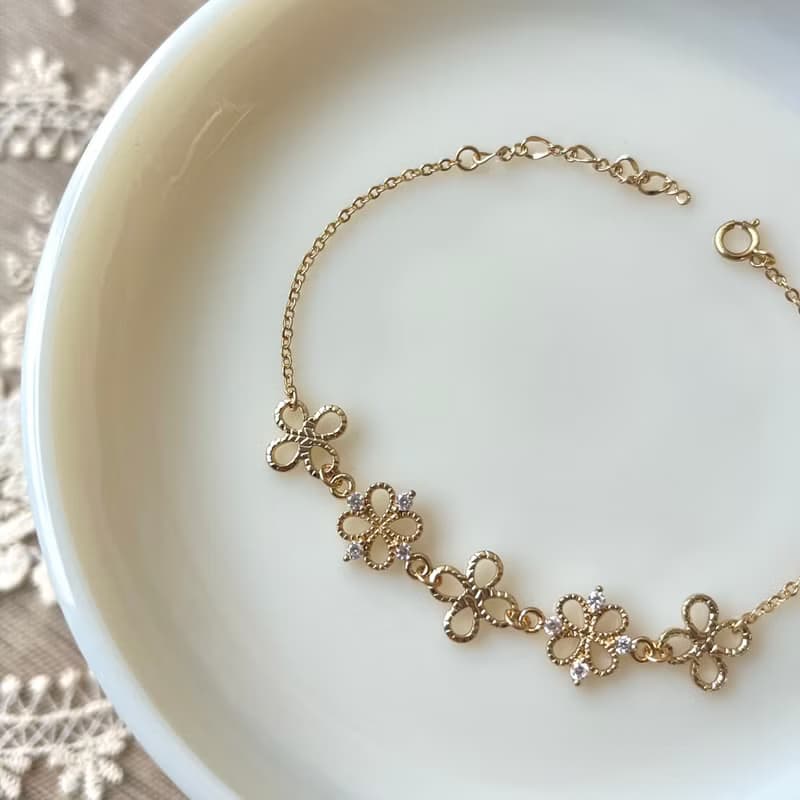 14k包金 四葉幸運草鋯石手鍊 手鏈 14kgf