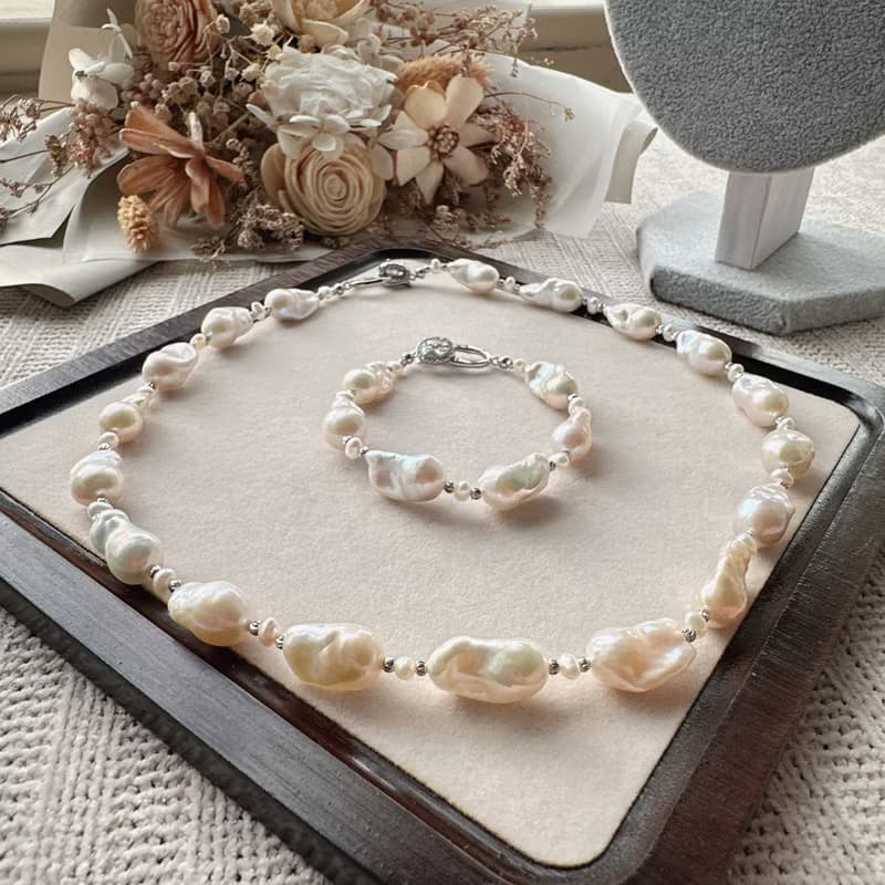 Alpha studio 天然巴洛克迷你小巴項鍊手鍊套組