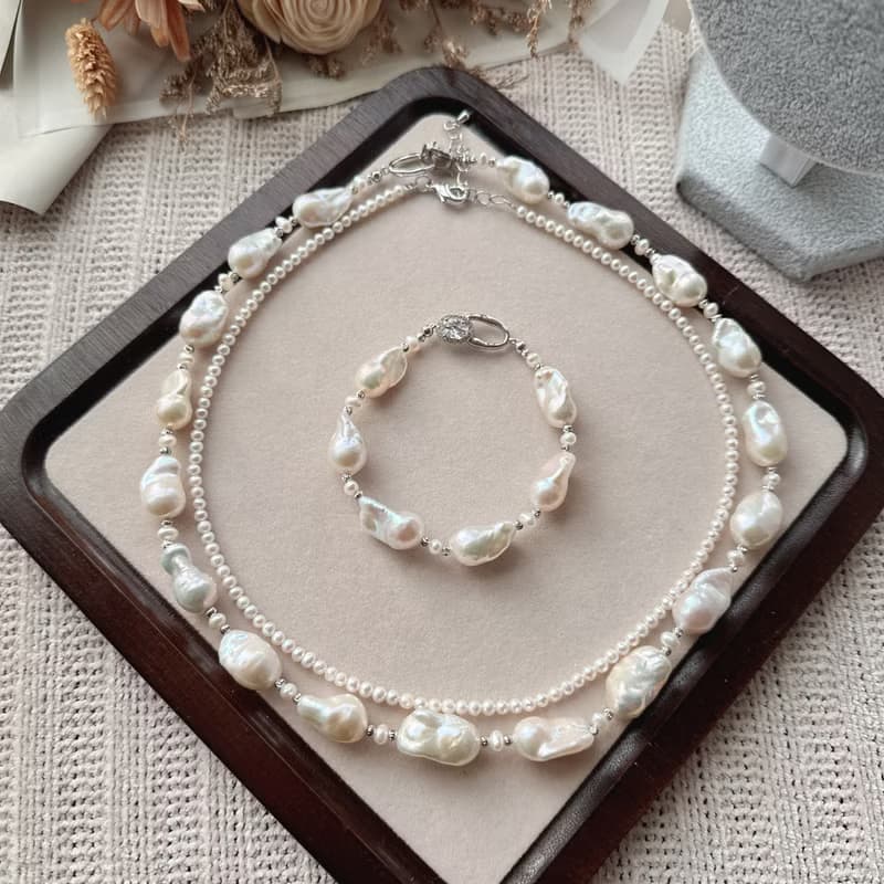 Alpha studio 天然巴洛克迷你小巴項鍊手鍊套組