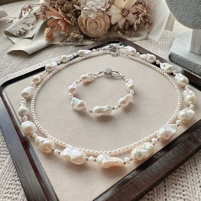 Alpha studio 天然巴洛克迷你小巴項鍊手鍊套組