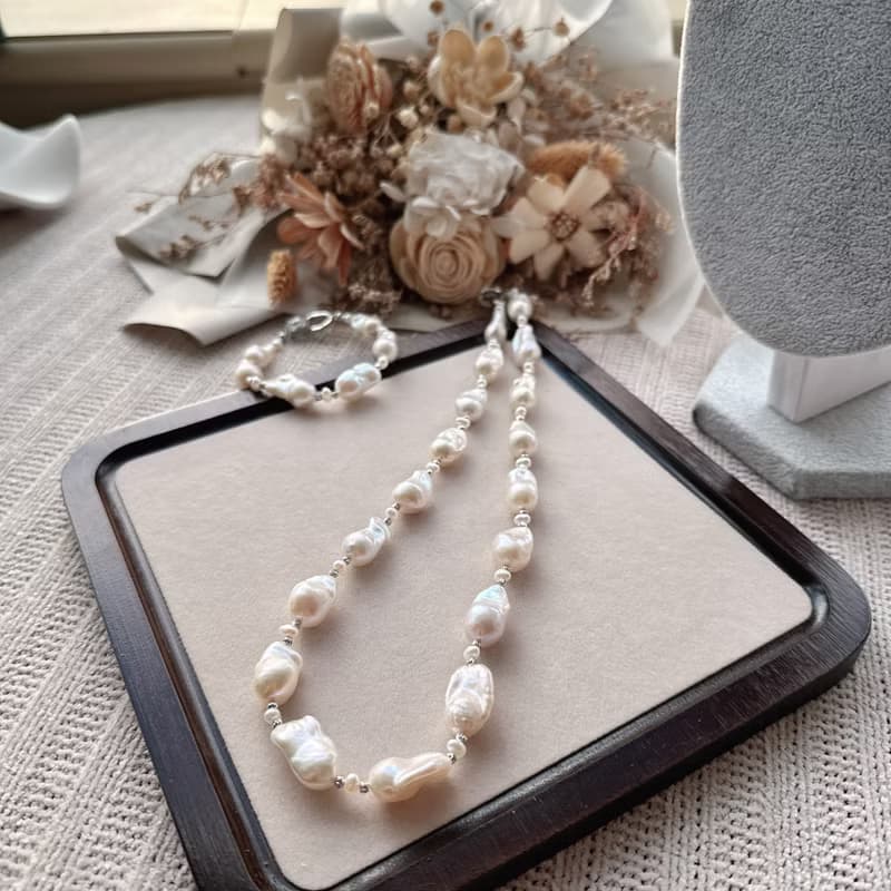 Alpha studio 天然巴洛克迷你小巴項鍊手鍊套組