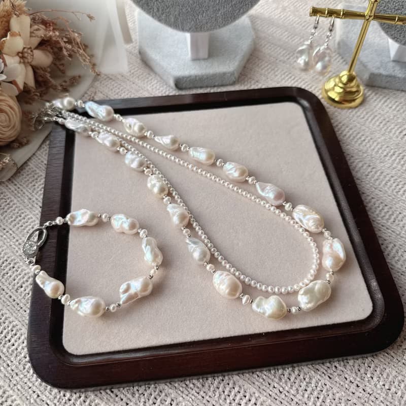 Alpha studio 天然巴洛克迷你小巴項鍊手鍊套組