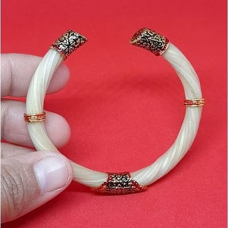 White Body Real Elephant Tail Hair Bangle Silver Enamelled Sukhothai Free Size