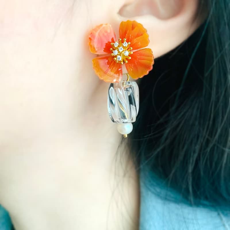 耳環 罌粟花 樹脂 水鑽 銀飾 耳夾 琉璃 禮物 禮盒 手工 情人節