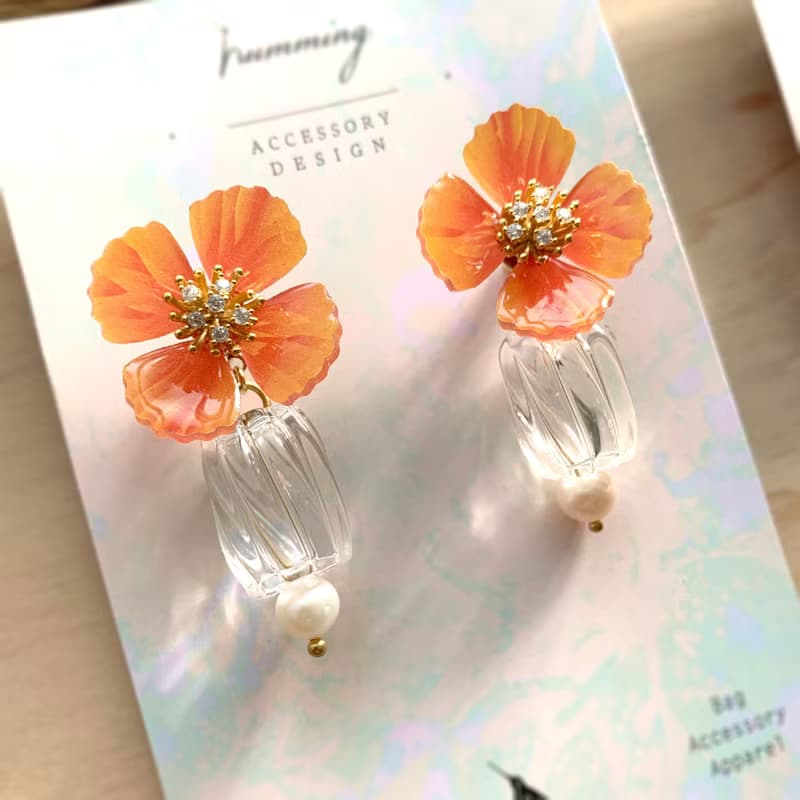 耳環 罌粟花 樹脂 水鑽 銀飾 耳夾 琉璃 禮物 禮盒 手工 情人節