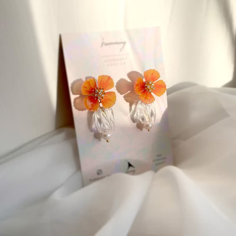 耳環 罌粟花 樹脂 水鑽 銀飾 耳夾 琉璃 禮物 禮盒 手工 情人節