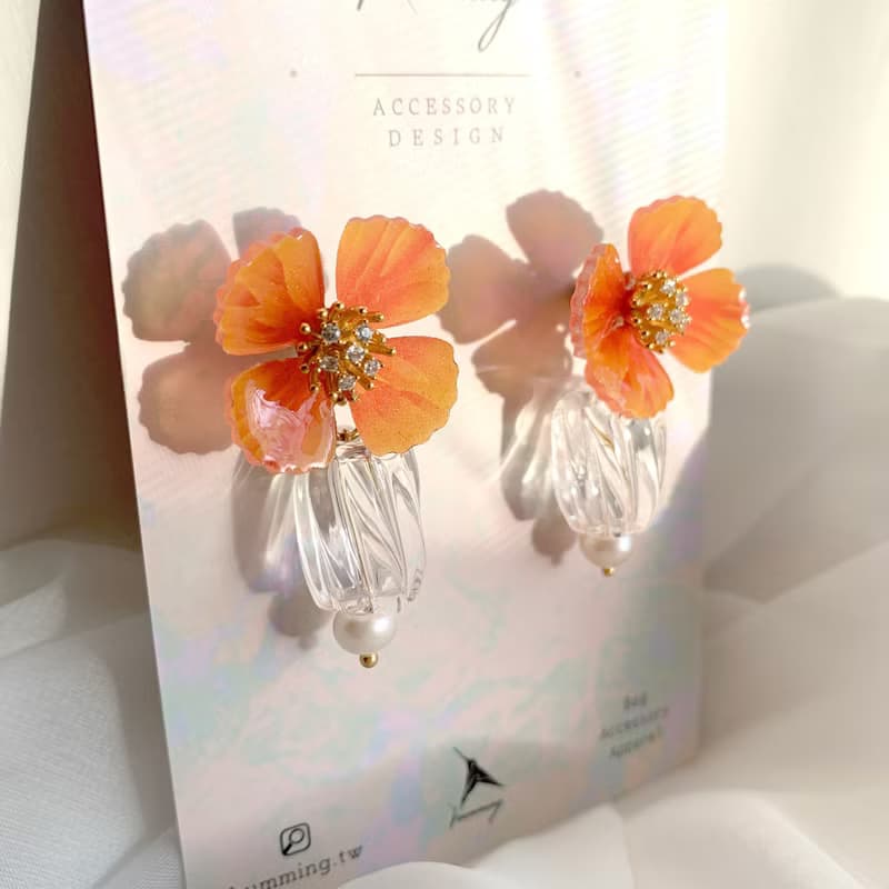 耳環 罌粟花 樹脂 水鑽 銀飾 耳夾 琉璃 禮物 禮盒 手工 情人節