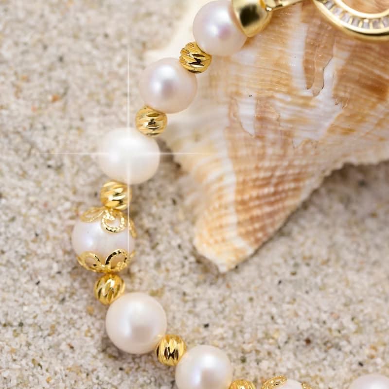 天然白色淡水珍珠手鍊 10–11mm 金色橢圓扣 典雅貴氣 萬聖節禮物