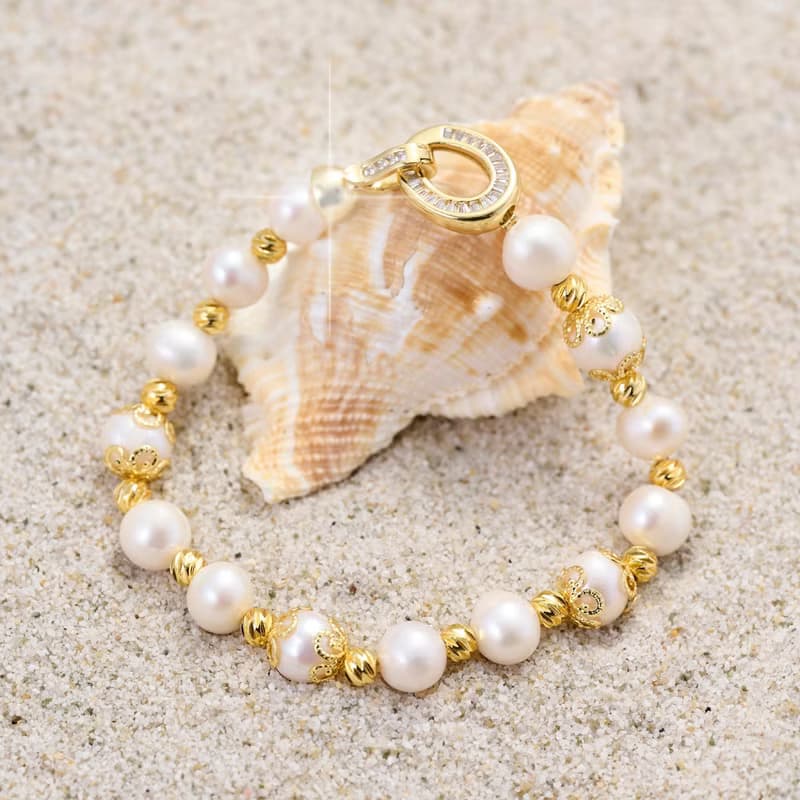 天然白色淡水珍珠手鍊 10–11mm 金色橢圓扣 典雅貴氣 萬聖節禮物