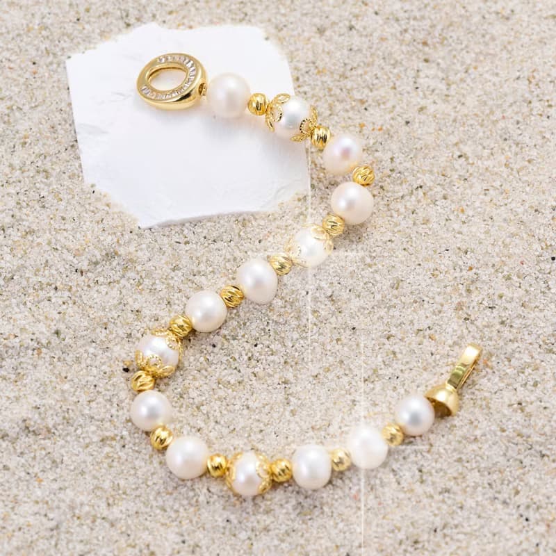 天然白色淡水珍珠手鍊 10–11mm 金色橢圓扣 典雅貴氣 萬聖節禮物