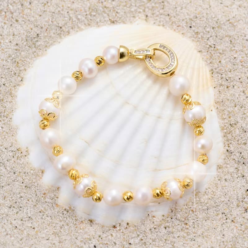 天然白色淡水珍珠手鍊 10–11mm 金色橢圓扣 典雅貴氣 萬聖節禮物