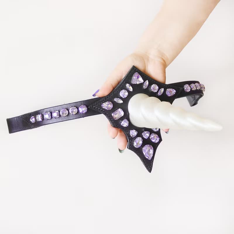 Unicorn horn Browband for horse Handmade brow band green with Light up horn.