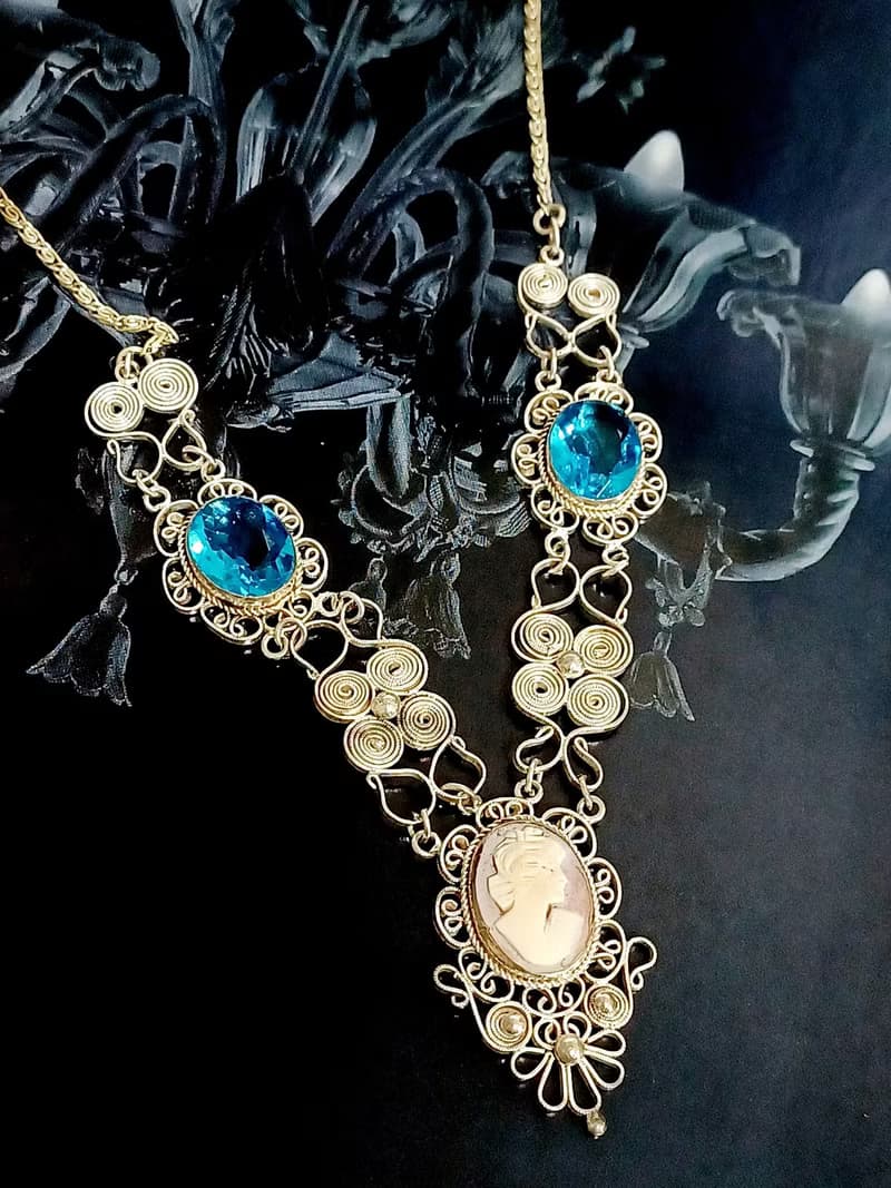 vintage jewelry  古董裝飾藝術海藍萊茵 貝殼浮雕 銀質 項鍊