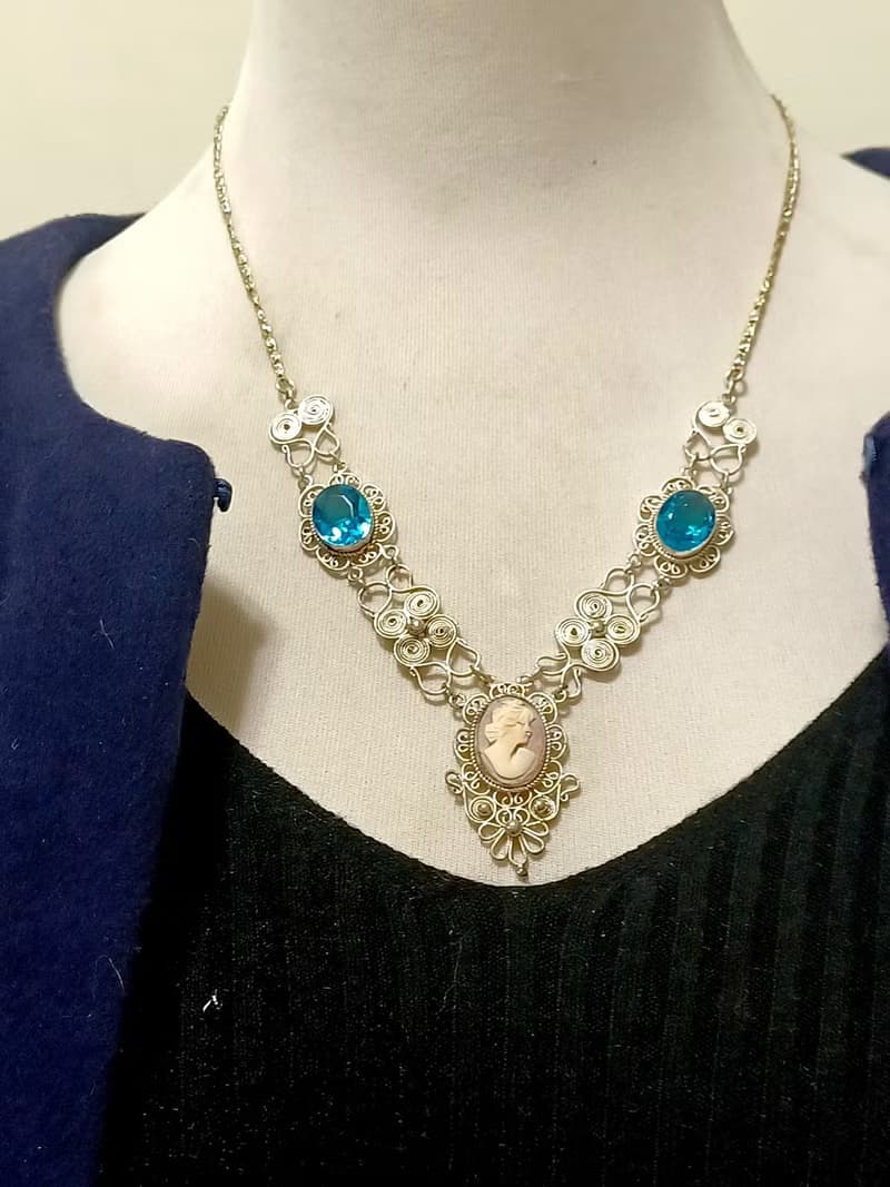 vintage jewelry  古董裝飾藝術海藍萊茵 貝殼浮雕 銀質 項鍊