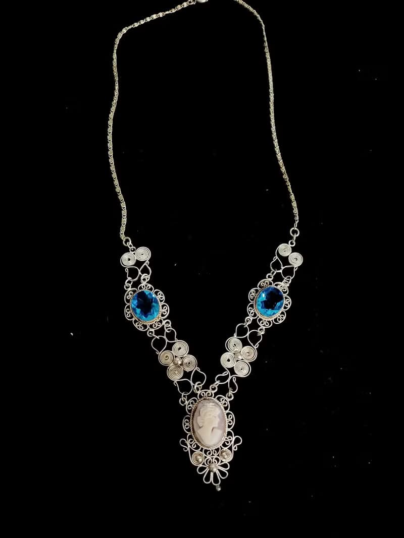 vintage jewelry  古董裝飾藝術海藍萊茵 貝殼浮雕 銀質 項鍊