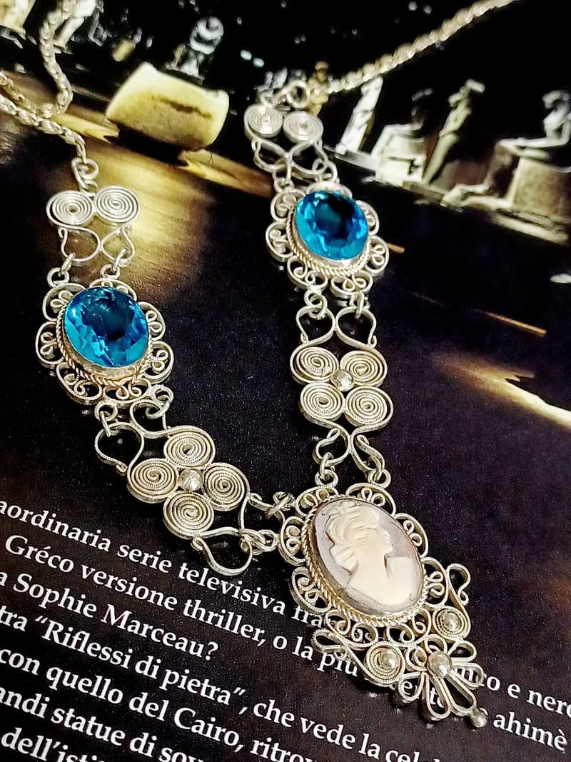 vintage jewelry  古董裝飾藝術海藍萊茵 貝殼浮雕 銀質 項鍊
